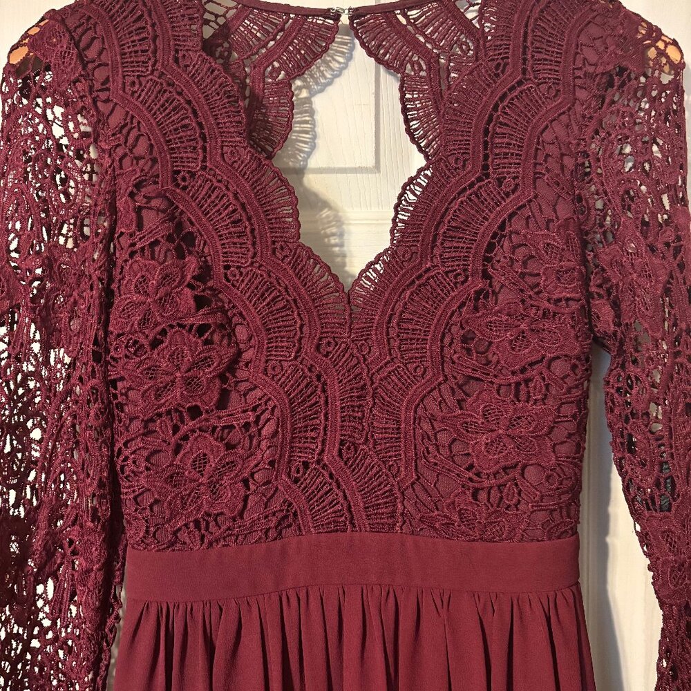 Lulus Awaken My Love Burgundy Long Sleeve Lace Open Back Maxi Dress Size Small